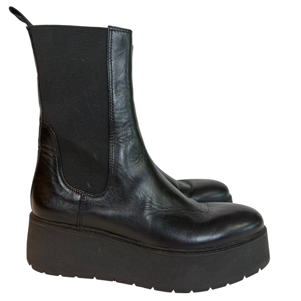 Zara Black Leather Platform Chelsea Boots Chunky Lug Sole Mid Calf EU 399 - Picture 2 of 9